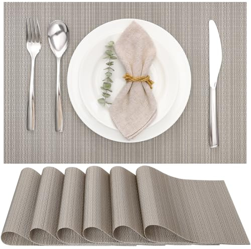 Myir JUN Tischsets abwaschbar Tischsets Platzsets abwaschbar Platzdeckchen | Gewebte Platzset 6er Set rutschfest hitzebeständig Vinyl für Küche Speisetisch Hotel Platz-Matten 30x43.5cm (Silber Gold)