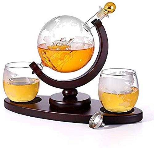 Ensemble De Globe De Carafe à Whisky Avec 2 Verres à Whisky Gravés Globe - Pour Alcool, Bourbon, Vodka - 850Ml.