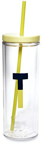 Kate Spade New York Insulated Initial Tumbler with Reusable Straw, 20 Ounce Acrylic Travel Cup with Lid, T (Yellow)