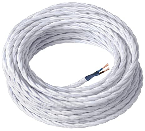 Amarcords - Cavo elettrico tessile colore BIANCO trecciato seta 10 metri a 2 conduttori 2x075 - Filo rivestito in tessuto colorato vintage per lampade lampadari applique e abat jour.