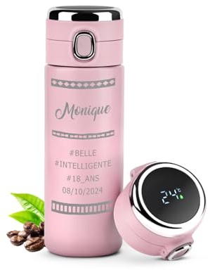 Maverton Mug de voyage isotherme avec gravure, Bouteille isotherme rose | 400 Ml, Pour femme- Affichage de la température LED, Tasse personnalisée pour anniversaire, Pour elle, ATTRIBUTS