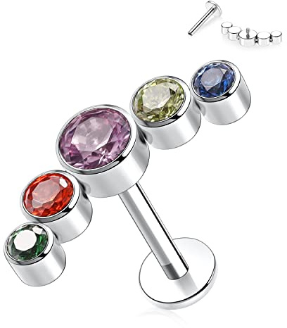 16G Titan Labret Ohrstecker Flatback Ohrringe Lippenstecker Tragus Piercing Schmuck Ohrringe mit Innengewinde 6mm Monroe Medusa Helix Ohrstecker Silber Lobe Knorpel Conch Ohrringe (Mischfarben CZ)