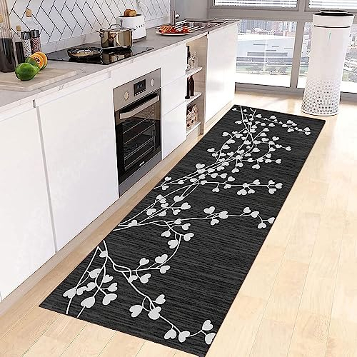 Siunwdiy Korridor Teppich Flur Läufer 80x300cm Blätter Muster Teppichmatten rutschfest Schwarzer Korridor Küchenteppich Waschbar Meterware Teppichläufer Lang Corridor Schlafzimmer Wohnzimmer