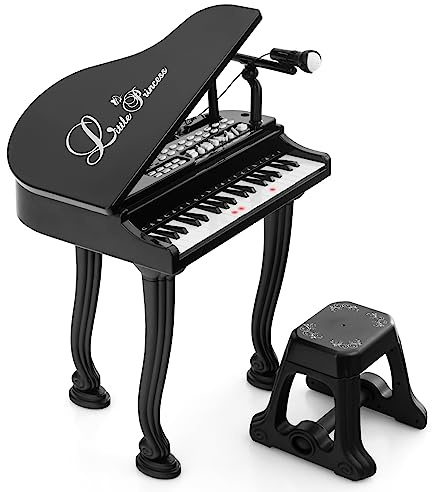 DREAMADE Clavier 37 Touches, Jouet Piano pour Enfants avec Tabouret, Instrument de Musique Mini Piano à Queue avec Microphone, Enseignement Guidé par La Lumière (Noir 37 Touches)
