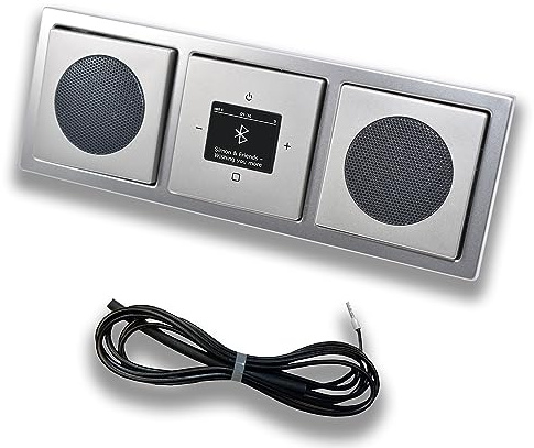 Busch Jäger DAB+ Unterputz Bluetooth (in and out) Radio 8217U-101 PUR Edelstahl, Set mit 2 x Lautsprecher, Abdeckungen und Rahmen + 0,9 m EBROM Wurfantenne zur Empfangsoptimierung - 8217 U – 101
