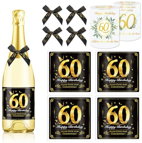 HOWAF 4 Flaschenetikett 60. Geburtstag, Alles Gute zum Geburtstag Flaschenetiketten Selbstklebend Schleife, Flaschenetikett 60 Geburtstag Geschenk Geburtstagsgeschenk für Frauen Männer