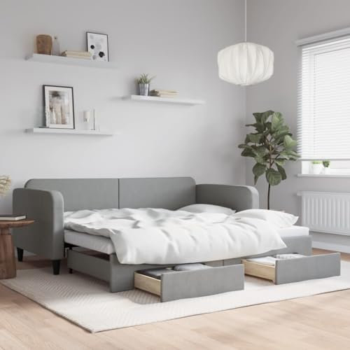 KOIECETA Tagesbett Ausziehbar mit Schubladen Hellgrau 90x190 cm Stoff
