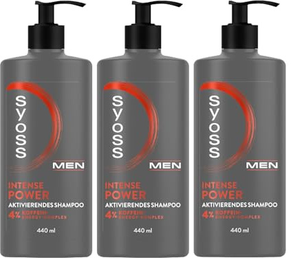 Syoss Men Power Shampoo (3x 440 ml), Kräftigendes Herren Shampoo mit Koffein & Power-Boost Technologie für normales Haar