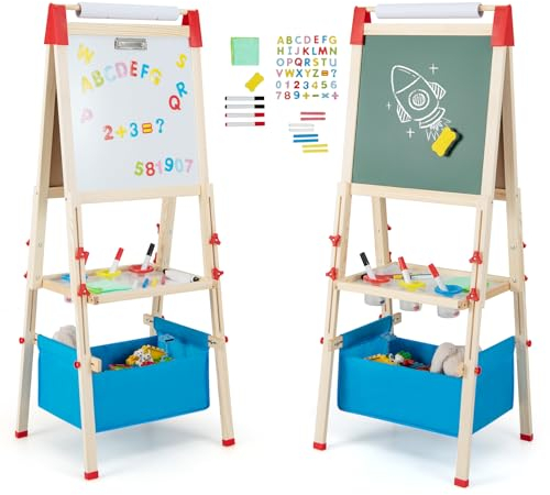 GOPLUS 3-in-1 Staffelei für Kinder, doppelseitige Kindertafel mit magnetischem Whiteboard, Papierrolle, Ablage & Malzubehör, höhenverstellbare Standtafel mit Aufbewahrungstasche für Kinder 3-8 Jahren
