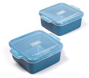 Souper Cubes Stoneware Square Casserole Dish with Silicone Covers, Ceramic Bakeware Set, Kitchen Utensils and Bakeware, 2 Pieces, Blueberry
