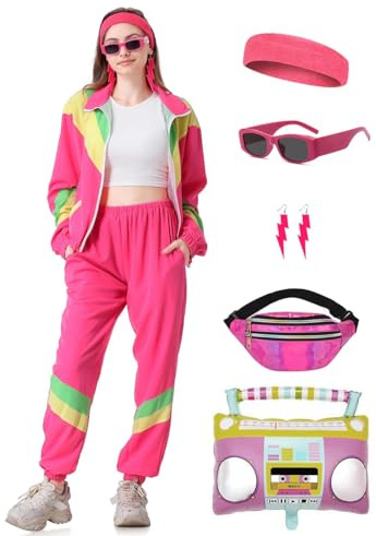 Coseaon 80er 90er Jahre Outfit Damen Trainingsanzug Jacke Hose Anzug 80er Retro Kleidung Accessoire 80s Kostüm Halloween Karneval Party (Rosa, L)