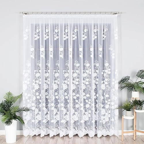 Gardinen Vorhangen Weiß 400x180 cm (BxH) Venedig Kurz Vorhänge mit Kräuselband Jacquard Wohnzimmer Küchengardinen Scheibengardine Gardinenschals Schlafzimmer Fenstergardinen Kurzstores