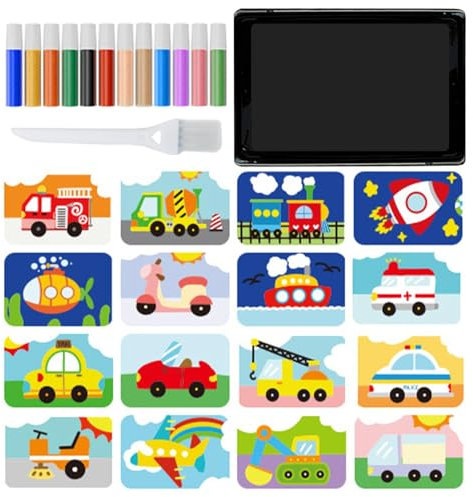 Nankoyal Farbige Sandmalerei,Sandmalerei | Farbsand-Kunstbilder-Sets zum Abziehen und Aufkleben - 12 Sandfarben, 16 Bilder zum Abziehen und Streuen, 1 Tablett, 1 Pinsel-Kunstwerkzeug für Kinder,