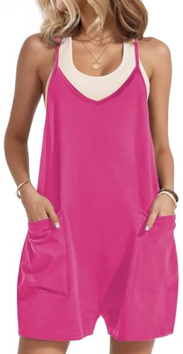 Zeagoo Latzhosen Damen Sommer V-Ausschnitt Sleeveless Overall Elegant Kurz Hosenanzug Locker Weites Bein Playsuit Rosa Rot L