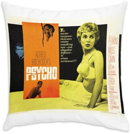 Fabulous Kissenhülle, aus weißem Samt, altes englisches Filmplaster, Psycho, Retro, Kinoposter, Vintage, 40 x 40 cm, samtartige Haptik