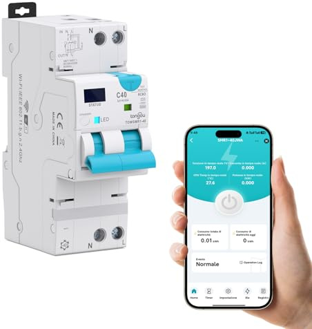 TONGOU RCBO Intelligent Interrupteur Différentiel 1P+N WIFI/TUYA App， Disjoncteur Fi Automatique Réarmable Type A 6kA, Protection contre les surintensités et fuites Rail din (1-40A / 30mA) | TONGOU Smart RCBO/ 1P+N, 230 vac, réallumage automatique, télécommande intelligente avec surveillance de la puissance