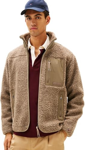 Tommy Hilfiger herr TEDDY FLEECE ZIP THROUGH MW0MW40420 tröja med dragkedja, beige, L, Beige (kustbrungrått), L