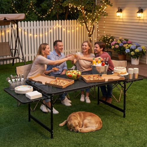 YRHome 120x60cm Campingtisch Klappbar Beistelltisch Outdoor Gartentisch mit Metallgitterplatte Grilltisch Klapptisch Verstellbare Höhe & Breite, Tragegriff Kleiner Tisch für Picknick (bis 176x60 cm)