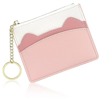 SNCCJ Mini Geldbörsen Damen, Minimalistisch Klein Dünnes Kreditkartenetui mit Schlüsselanhänger (Rosa)