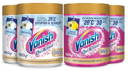 Vanish Oxi Action Multipoder - Quitamanchas multibeneficio para la ropa, elimina olores y potenciador del lavado, En Polvo, Sin Lejía, Pack Mixto 4 x 960gr (3,84kg)