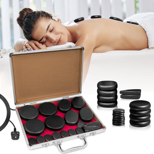 18 Pcs Hot Stones Massage Kit with Heater, Natural Black Spa Stone Set | Electric Warming Stones for Professional Massage, Home Spa, Sauna, Body Care, Relaxation and Essential Oils