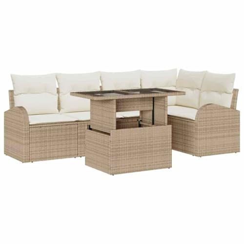 vidaXL Gartensofa-Set mit Speicher 6 pcs Braun und Creme Poly-Rattan, Moderne Gartenmöbel, rechteckiges Lounge-Set, strapazierfähiges Sofa aus UV-beständigen Materialien für Entspannung