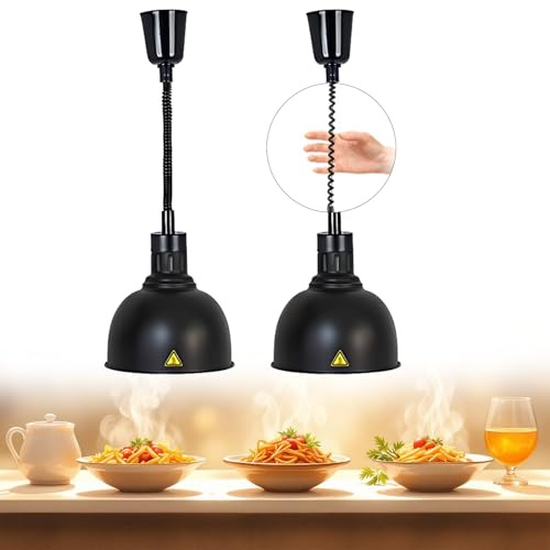 BOVDC Lampe Chauffante Cuisine Professionnelle, 250W Lampe Chauffante Alimentaire Hauteur Réglable, 19/25cm Lampe Chauffe Plat Cuisine Buffet Suspendue(Noir-25cm,2 Pièces)
