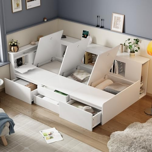 RIAZOS Kinderbett 90x200 mit Schubladen, Regal, und Bücherregal, Kinder Einzelbett - Stauraum unter Bett - Funktionsbett Holzbett, Schlafsofa für Jungen & Mädchen, Jugendbett, Ohne Matratze