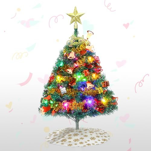Mini Sapin de Noël, 60 cm Sapin de Noël Artificiel de Table avec décorations et Guirlande Lumineuse LED, Petit Sapin de Noël de Bureau pour Chambre et Bureau