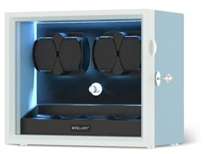 XTELARY Uhrenbeweger für 4 Automatikuhren, Blau Abschließbarer Automatikbeweger mit Extra 4 Uhrenfächern, 4 Rotationsmodi, Flexible Uhrenkissen, Leiser Mabuchi Motor und Blau Hintergrundbeleuchtung