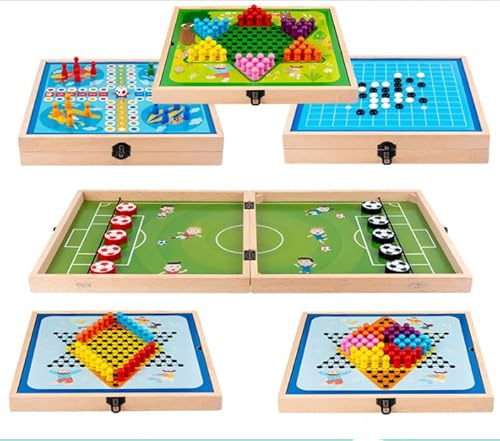 Dwafill Brettspiel Hockey, Holz Schnell Sling Puck Match-Spiel, Bouncing Brettspiel, Faltbar Sling Puck Spiel, Tischhockey Gewinner Spielzeug für Eltern Kind Geschenke, Weihnachten, Partys (6-in-1)