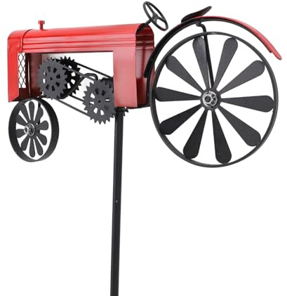 Cufaee Tractor Wind Spinner, Iron Vintage Turning Wheels, Tractor Green Spinner, Windmill Decoration for Flower Bed Lawn Garden (Red)
