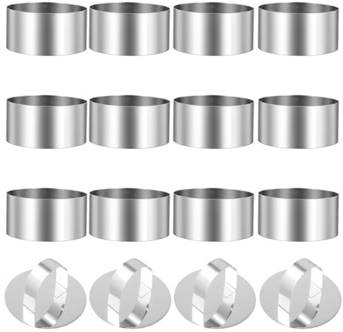 PINGEUI Cooking Rings Set, 12 PCS Stainless Steel Mousse Ring with 4 Pusher, 8 CM Non-Stick Round Food Rings for Cooking Crumpets Eggs Dessert Cake Mousse