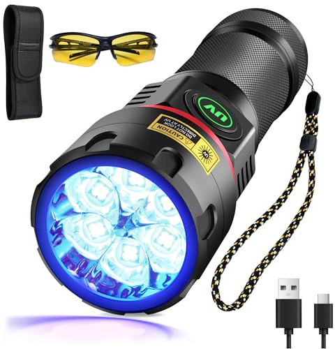 DARKBEAM UV Ficklampa 395nm Svart ljus 6xLED [4-core] Blacklight | Uppladdningsbara ultravioletta ficklampor Kraftfull 80W Woods lampa Härdningsharts, detektor för husdjursurin, uraniumglas