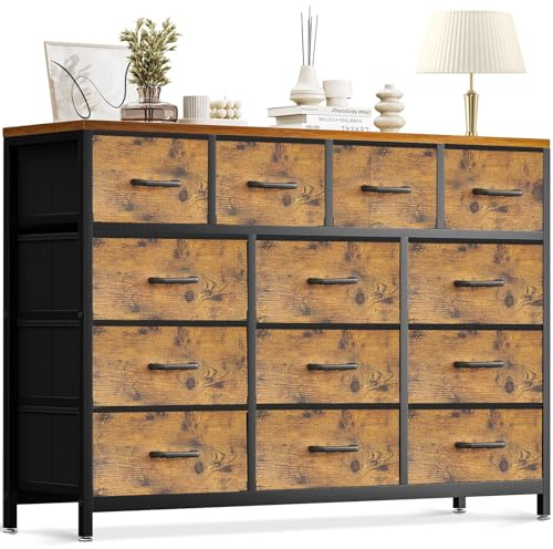 Coleshome Grande Comoda Dormitorio, Equipado con 13 Grandes Cajones de Tela, Cajones Vintage Combinados con un Marco de Acero Resistente, Ideal para Dormitorios y Salones, 140 x 30 x 101 cm