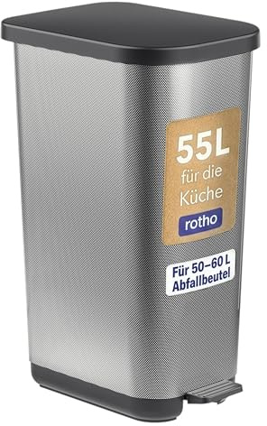 Rotho Orbe Mülleimer 55l mit Deckel und Fußpedal, pflegeleichter Kunststoff (PP) BPA-frei, 50 l (42,3x31,7x67,6 cm) (Carbon)