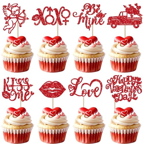 24 Stück Happy Valentine's Day Tortendeko Glitzer Love Kiss Me Kuchen Deko Be Mine Cupcake Toppers für Happy Valentine's Day Thema Party Kuchen Dekorationen Rot
