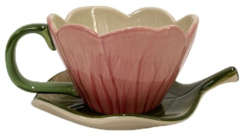 UGCER Set di Tazze da caffè e piattini in Ceramica 3D Vintage, Tazza da tè Floreale Dipinta a Mano da 10,8 Once, stoviglie artistiche smaltate uniche per Regali di Compleanno,Rosa