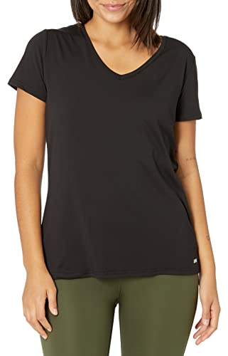 Amazon Essentials Tech Stretch T-Shirt Col en v à Manches Courtes - couleurs abandonnées Femme, Lot de 2, Noir, XL