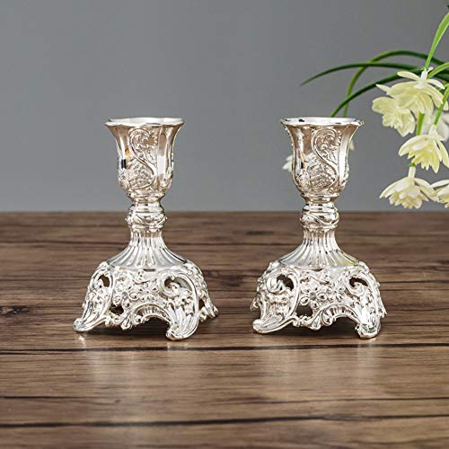 Sziqiqi Juego de 2 Candelabros de Metal Portavelas Plata para Comedor Mesa de Centro de Mesa Boda Decoración, Candelabros Adornados para Velas Shabat Taper, Argento