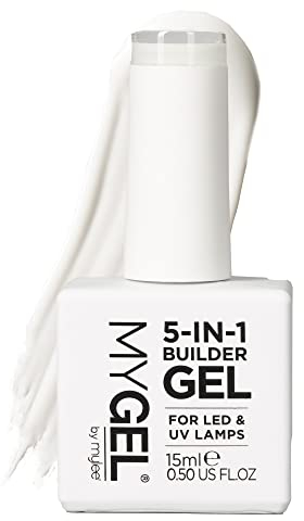 Mylee 5 in 1 Builder Base Strengthening Gel 15ml, UV/LED Nail Polish Coat for Hard Strong Nails Tips & Extensions, For Nail Art Decoration, Decals & Jewels, Professional Manicure Repair (White)