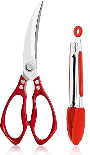Jasni Stainless Steel anti slip serrated Sharp Korean barbecue BBQ scissors clip set tongs thickened Powerful kitchen professional Heavy Duty multipurpose steak chicken cooking household shears Red