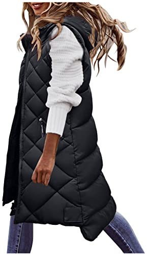HHMY Quiltad väst för kvinnor – lång quiltad jacka med huva lång väst vinterjacka vinterrock varm ärmlös väst pufferjacka casual damvästar smal gilet utomhus quiltad övergångsjacka, svart, L