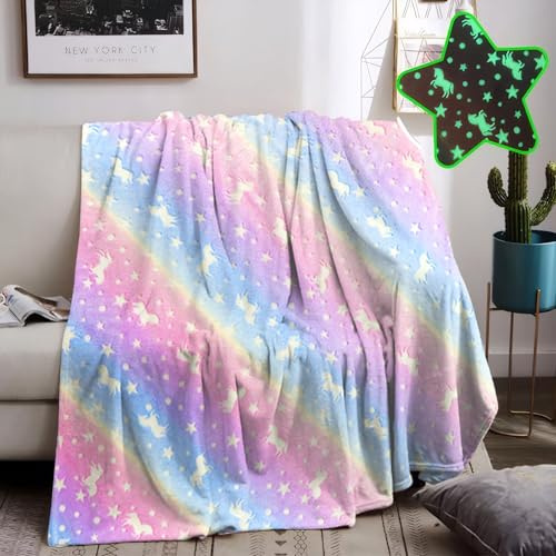 HZVRTN Kuscheldecke Kinder Einhorn/Dinosaurier/Weltraum Decke, kuscheldecke leuchtet im Dunkeln, warme Decke Flauschige Geschenke für Jungs mädchen Sofa Kinderdecke (Einhorn A, 150x200cm)