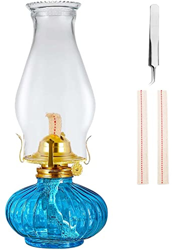 Large Oil Lamp for Indoor Use,Rustic Kerosene Lamp with 2 Pcs Wicks and 1 Tweezers,Glass Hurricane Lantern for Home Emergency Lighting (Blue)