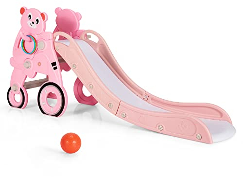 COSTWAY Kinderrutsche, 4 in 1 Kinder Rutsche & Leiter & Basketballkorb & Wurfspiel, Rutsche Indoor und Outdoor, für Kinder ab 1 Jahr (Rosa)