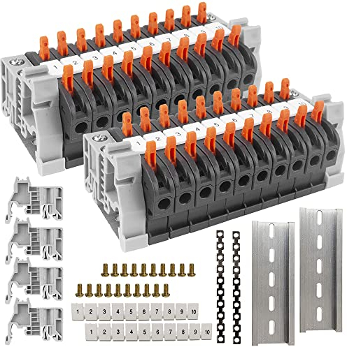 CJBIN DIN Rail Terminals, 20 Pieces Cable Connector Kit, Connection Terminals, Terminal Block Kit with Digital Marking Strips, Rail, Screw, Fixed Base, Parallel Bars for Fixed Cables