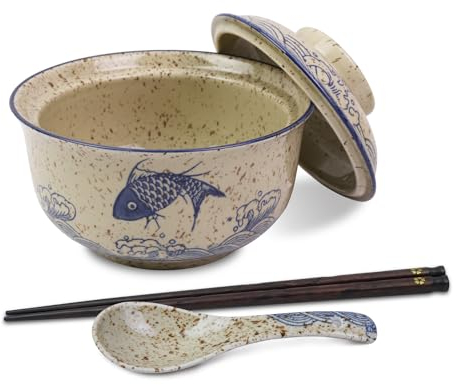HLWDXno1 Ceramic Ramen Bowl, Japanese Style Retro Ramen Bowls Set 800ml Noodle Bowl with Chopsticks and Spoons, Asian Soup Bowls with Lid for Microwave & Dishwasher Safe, Japan Fish