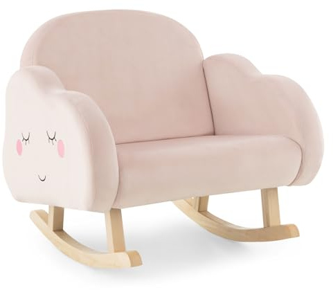 DREAMADE Fauteuil à Bascule Rembourré Enfant 18Mois-5Ans,Mini Canapé à Accoudoirs en Velours avec Pieds en Bois Massif, Anti-basculement pour Chambre,Salon,Charge 50KG (Rose)