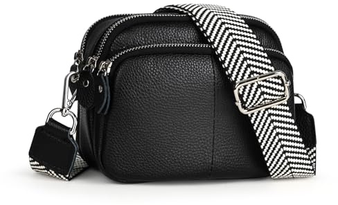 befen Genuine Leather Crossbody Bag for Women Black Shoulder Bag Triple Camera Bag for Women Cell Phone Bag with Wide Adjustable Strap-Black